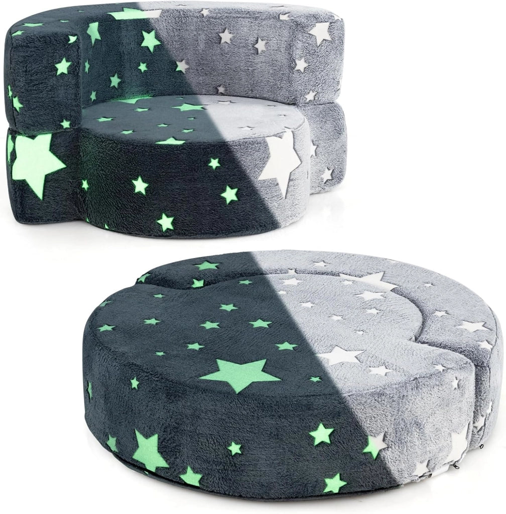 Divano Cuscino per Bambini Pieghevole 2 in 1, Poltrona Schienale Pieghevole per Bambini con Motivi Luminosi nel Buio, Divano Pieghevole per Camera da Letto e Soggiorno (Stella grigio)
