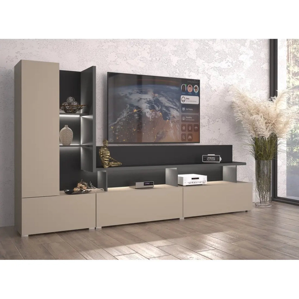 Mobile Porta TV da parete NESS – Set 270 cm – 2 cassetti, 2 ante, 10 vani – Finitura Congo