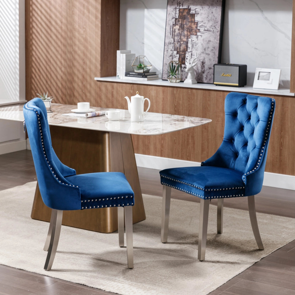 Sedie da Pranzo Imbottite in Velluto ¨C MINIMAL ¨C Set 2 Pezzi, Legno Massello, Gambe Cromate, Blu