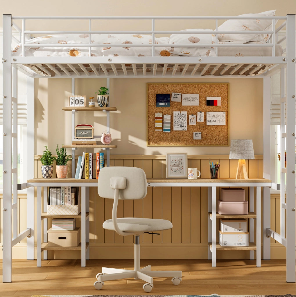 Letto a castello 204.5x95.5x180.5 cm con tavolo e ripiani in metallo e MDF bianco