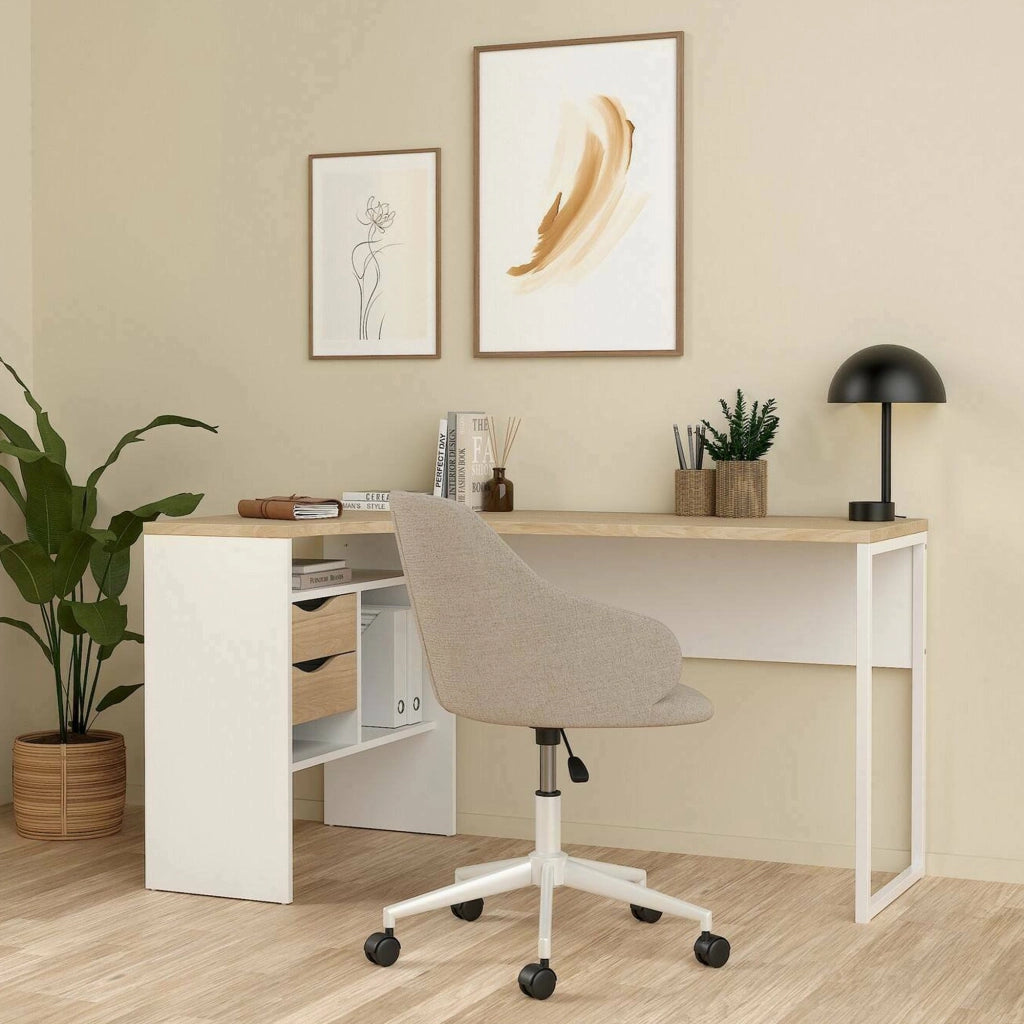 Scrivania Moire, Scrittoio multiuso, Tavolo per ufficio porta PC, Piano di lavoro, 145x81 h77 cm, Bianco e Rovere