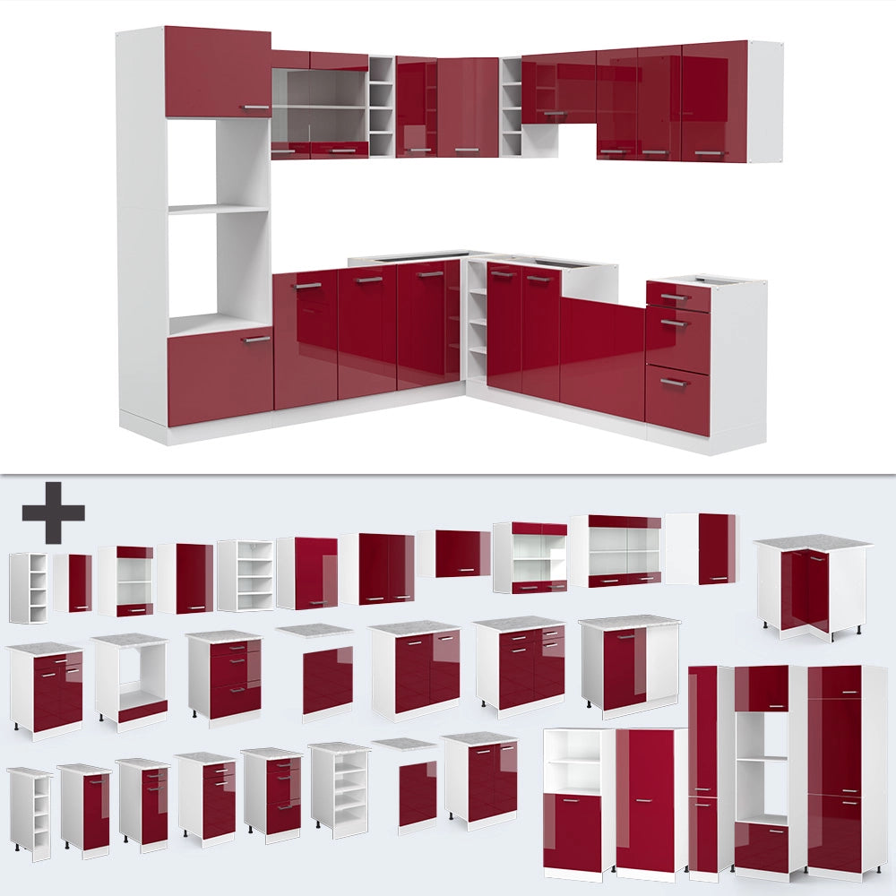Cucina angolare completa R-Line Rosso lucido/Bianco 247 x 237 cm, PL Marmo Vicco