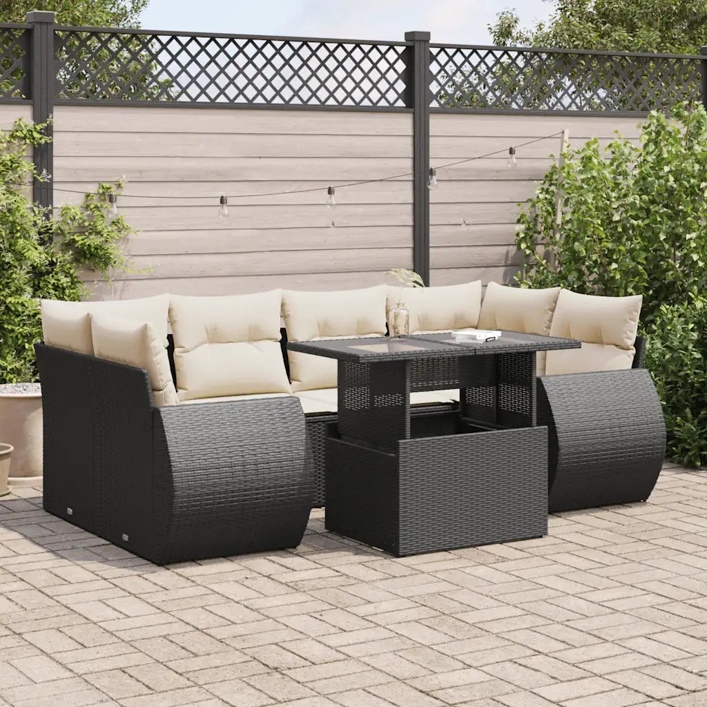 Set Divani da Giardino con Cuscini 7pz Nero Polyrattan