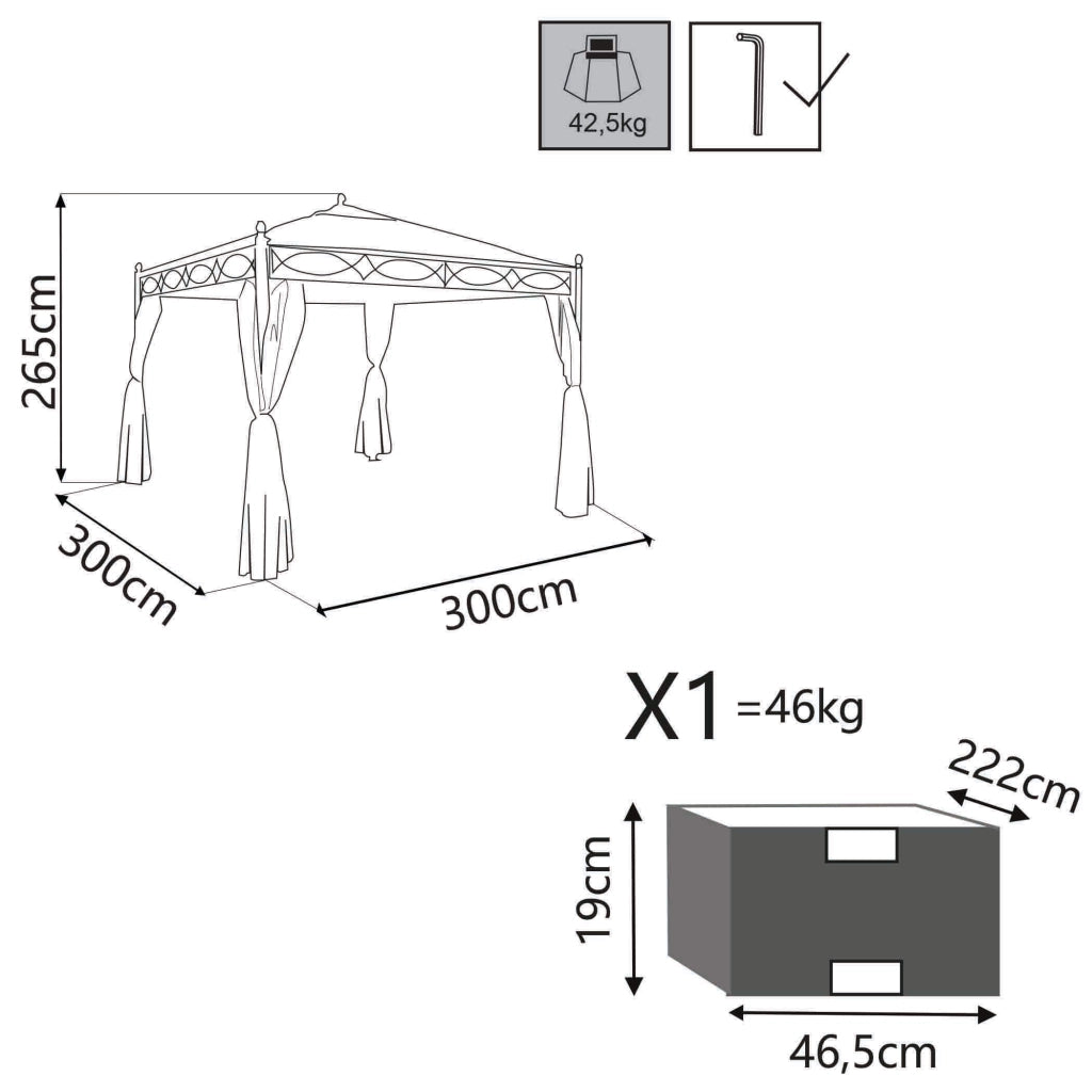 GAZEBO SIWA IN ACCIAIO VERNICIATO NERO E TELO IN POLIESTERE BEIGE 3 X 3 MT