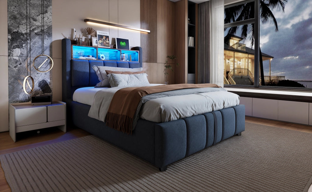 DESMIU Letto Imbottito 90 × 200 cm con LED, USB e Type-C, contenitore, senza materasso, grigio