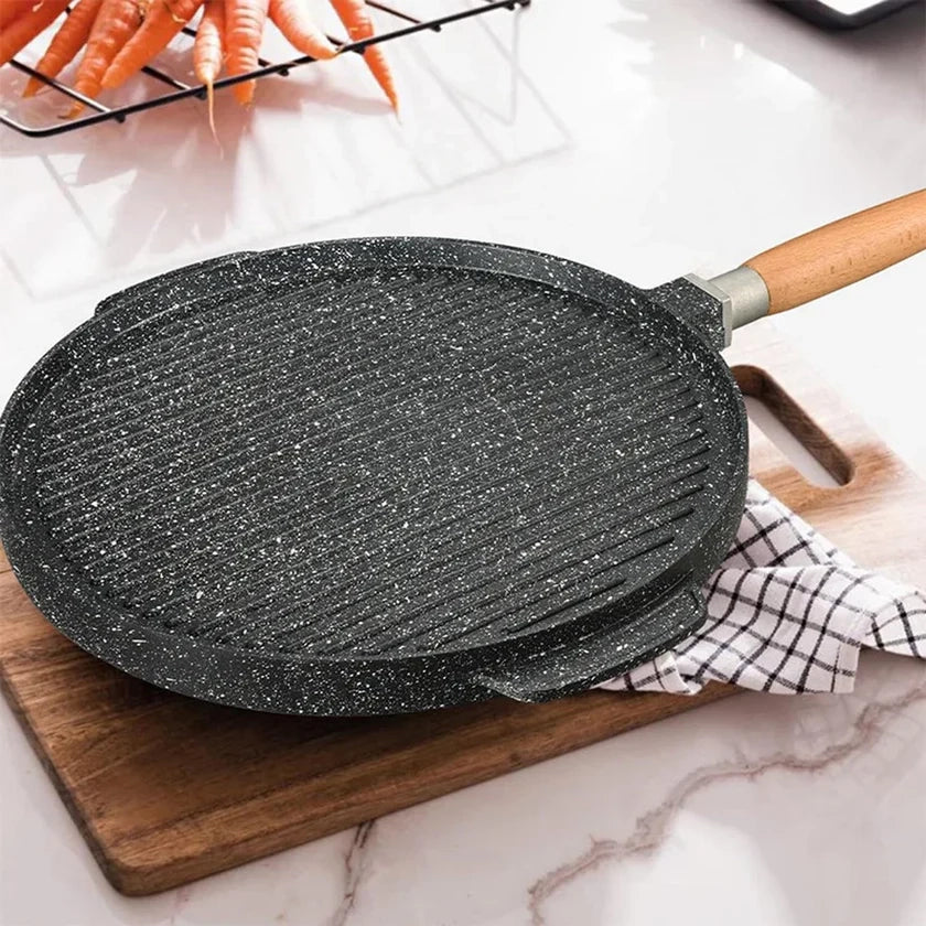 Grill Rotonda Antiaderente 32 cm a Due Facce con Manico Removibile in Legno