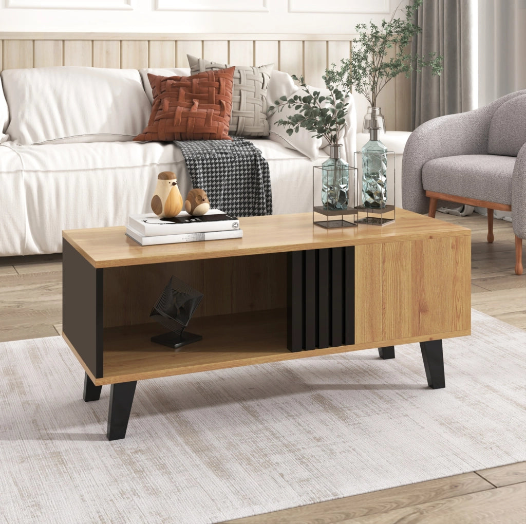 Tavolino da salotto 100x60x45 cm con 3 vani; vetro e pannello truciolare naturale e nero