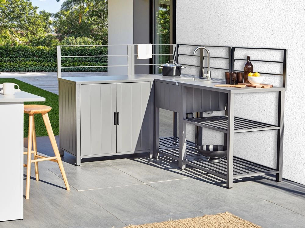 Set di 4 pezzi per cucina all'aperto Grigio Alluminio Armadio di stoccaggio Isola Lavello Stazione di cucina all'aperto