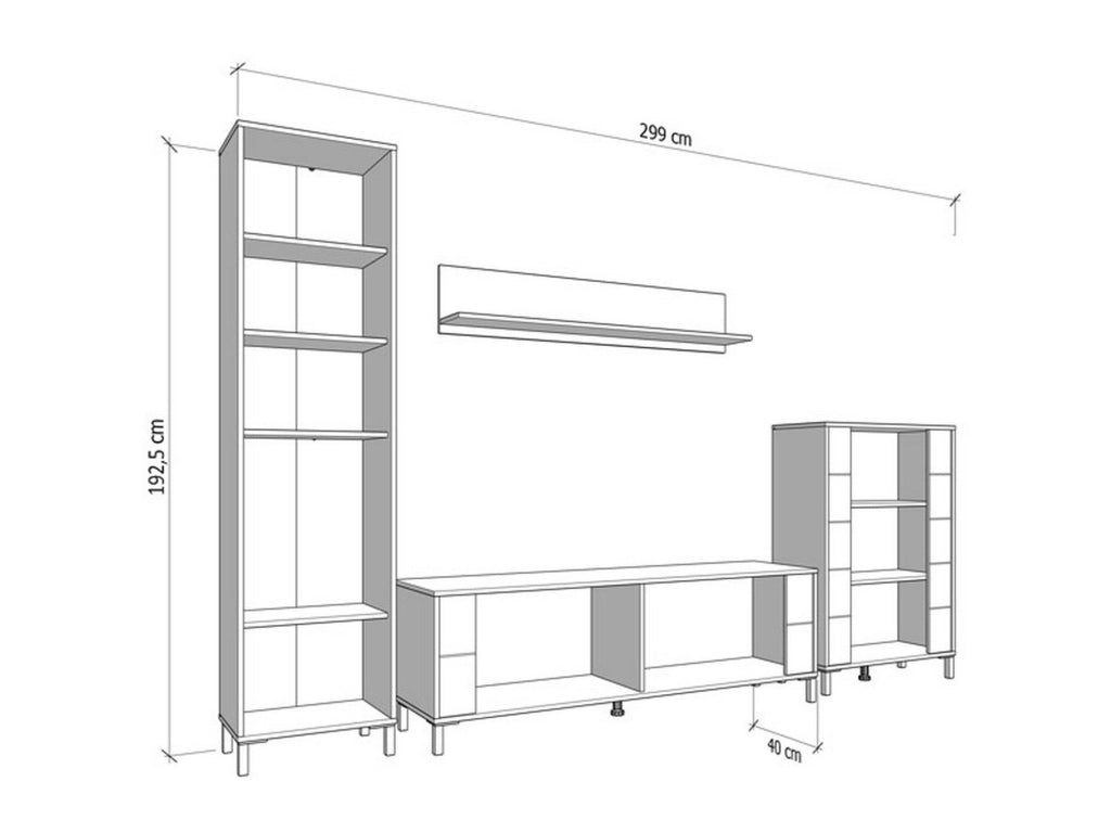 Mobile Soggiorno Cimbergo, Parete Attrezzata Modulabile, 299x40x192.5h cm Bianco Opaco