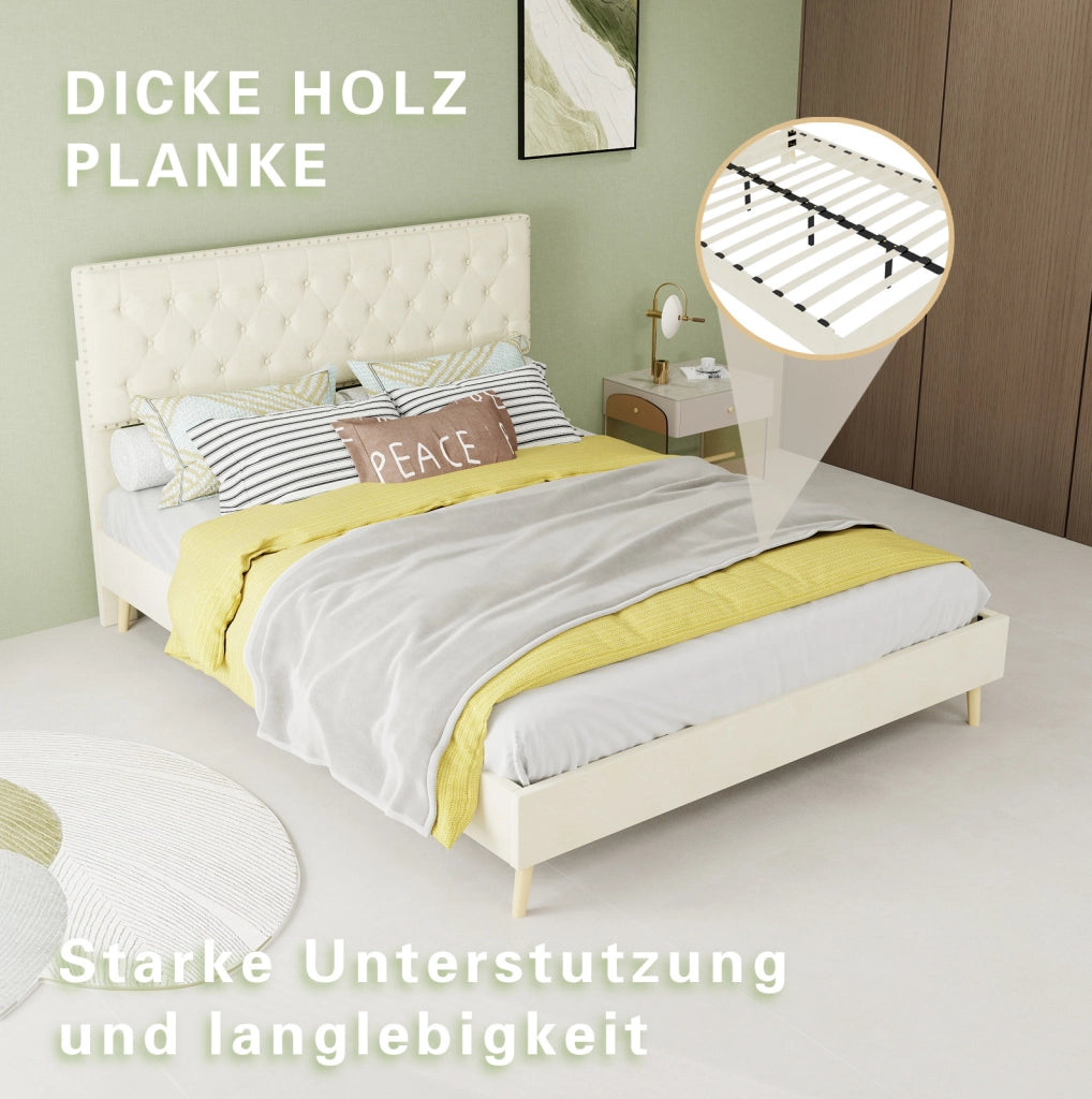 Letto imbottito ULEVR 140x200 cm in velluto beige con testiera alta e materasso incluso