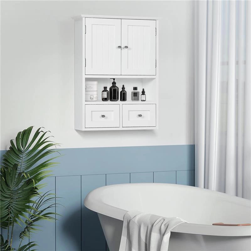 ARMADIETTO PENSILE BAGNO A 2 ANTE CON RIPIANO APERTO E 2 CASSETTI IN LEGNO BIANCO
