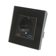 Presa Schuko nera 220V, 16A, 2xUSB A+C 20W ricarica rapida, cornice in vetro 86x86x34mm
