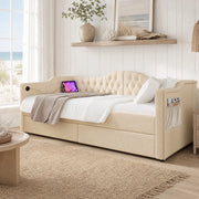Letto daybed in velluto beige 90x200 cm con 2 cassetti; USB e Type-C