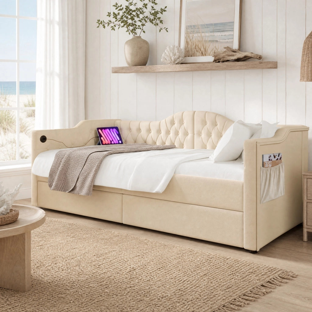 Letto daybed in velluto beige 90x200 cm con 2 cassetti; USB e Type-C