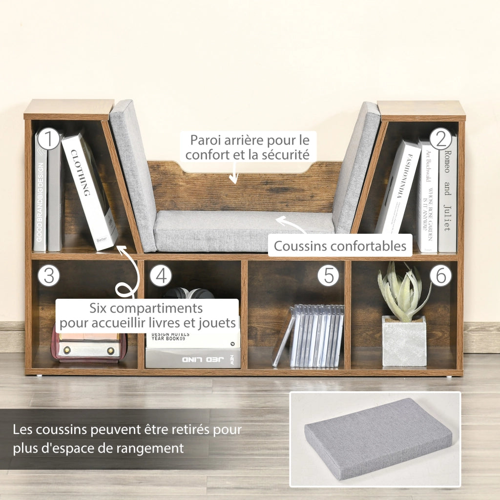 Libreria a cubi 6 scomparti con panca ¨C zephmum ¨C 102x30x61 cm, legno marrone rustico