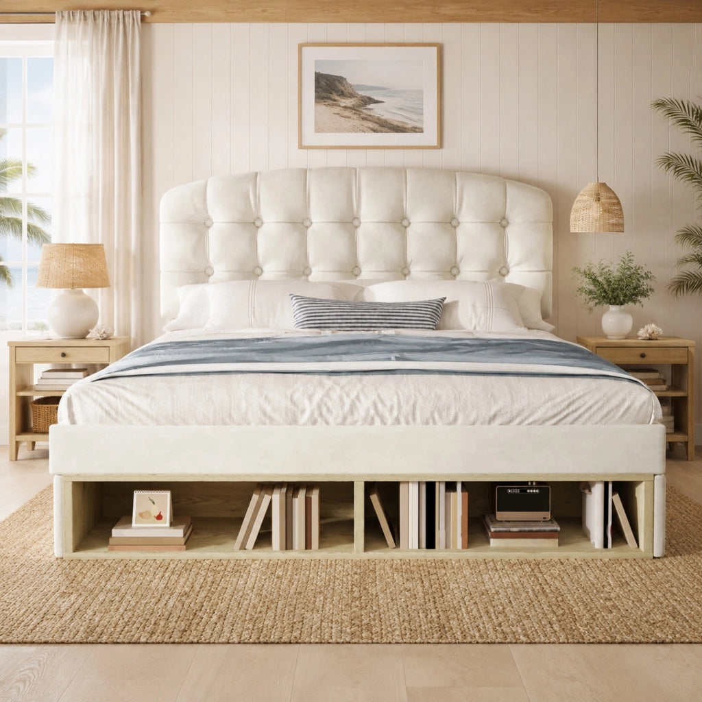 Letto matrimoniale 140x200 in velluto beige con testiera regolabile, cassetti e rete a doghe
