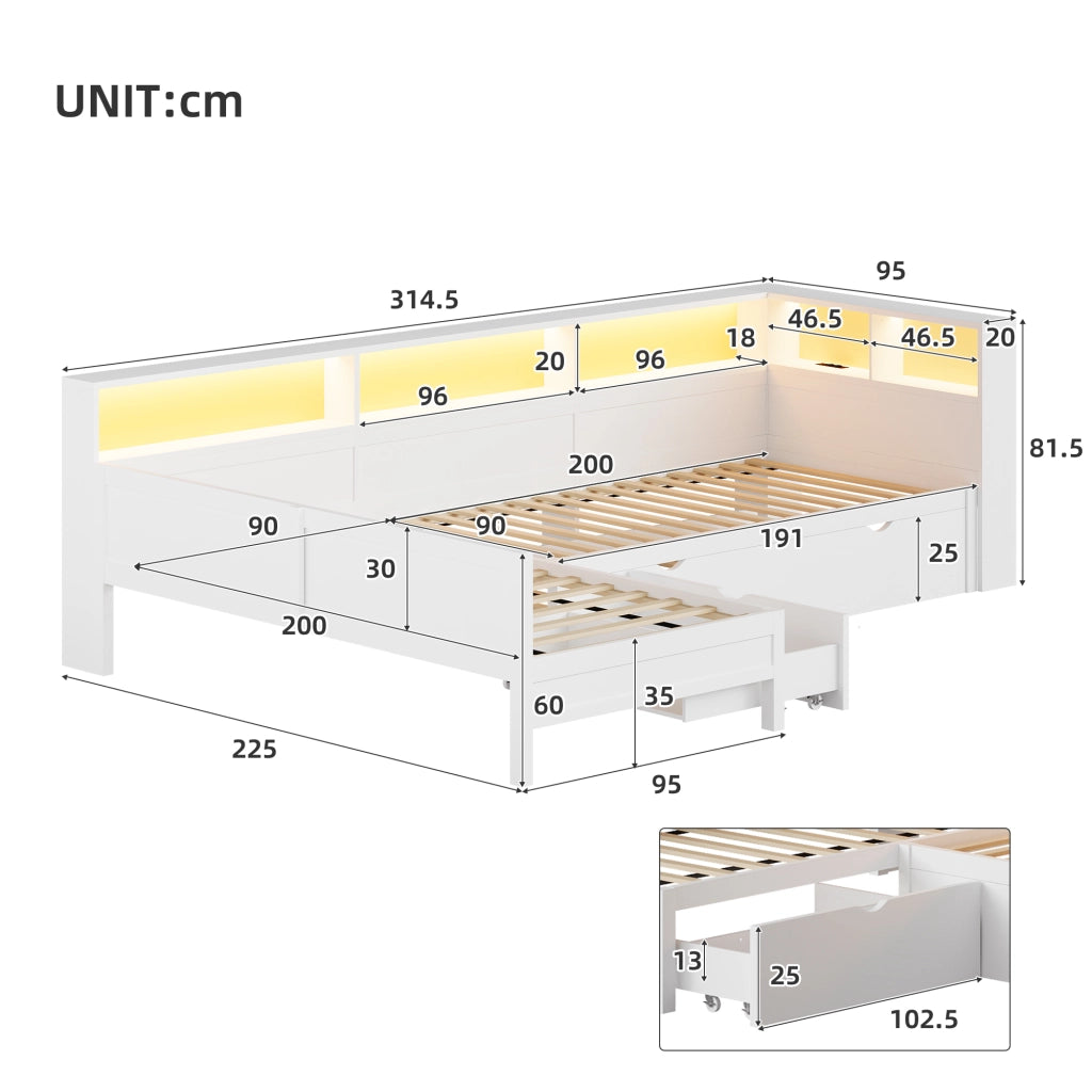 letto piattaforma in legno bianco 225 x 314.5 cm