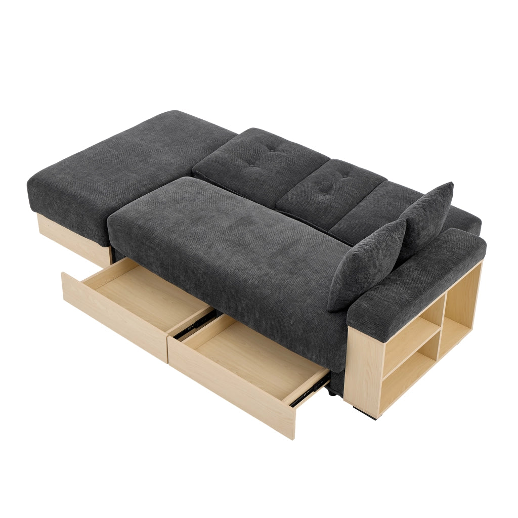 Divano in Chenille grigio con contenitore, schienale reclinabile 3 posizioni, 2 cassetti, portabicchieri e struttura in MDF, 217 cm.