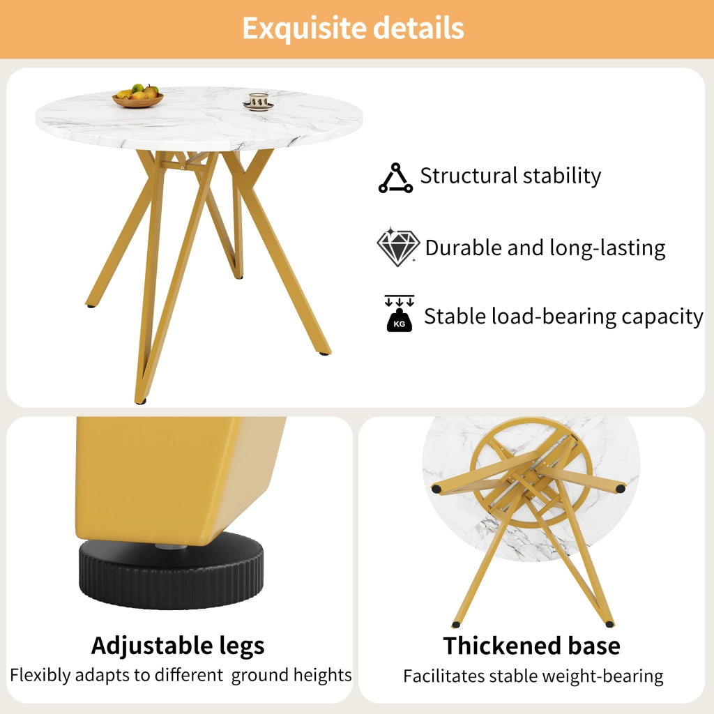 Tavolo da Pranzo Rotondo con 4 Sedie ¨C MINIMAL ¨C Piano Effetto Marmo, Gambe Metallo Oro, ?100 cm