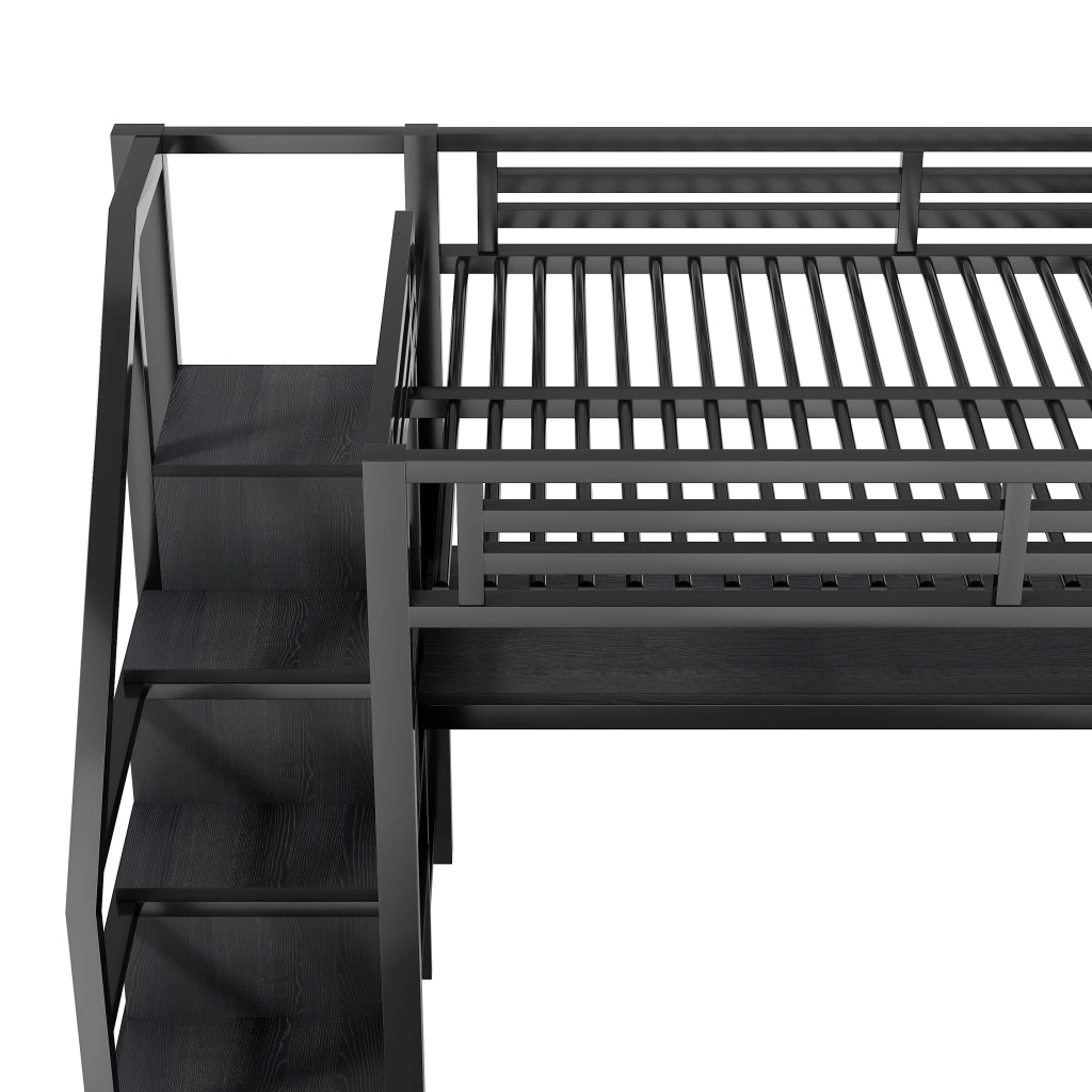 Letto a soppalco 140 × 200 cm con scrivania, armadio aperto, scale contenitore e LED regolabile, senza materasso, in metallo e MDF, nero