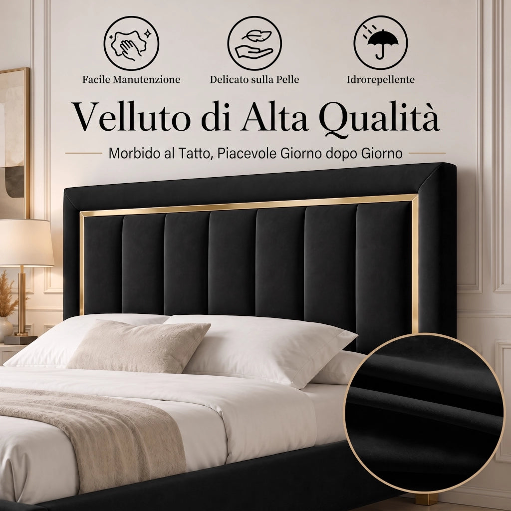 Letto matrimoniale con contenitore idraulico, velluto nero, testiera imbottita con finiture dorate, struttura robusta, dimensioni 140x200 cm, max portata 250 kg