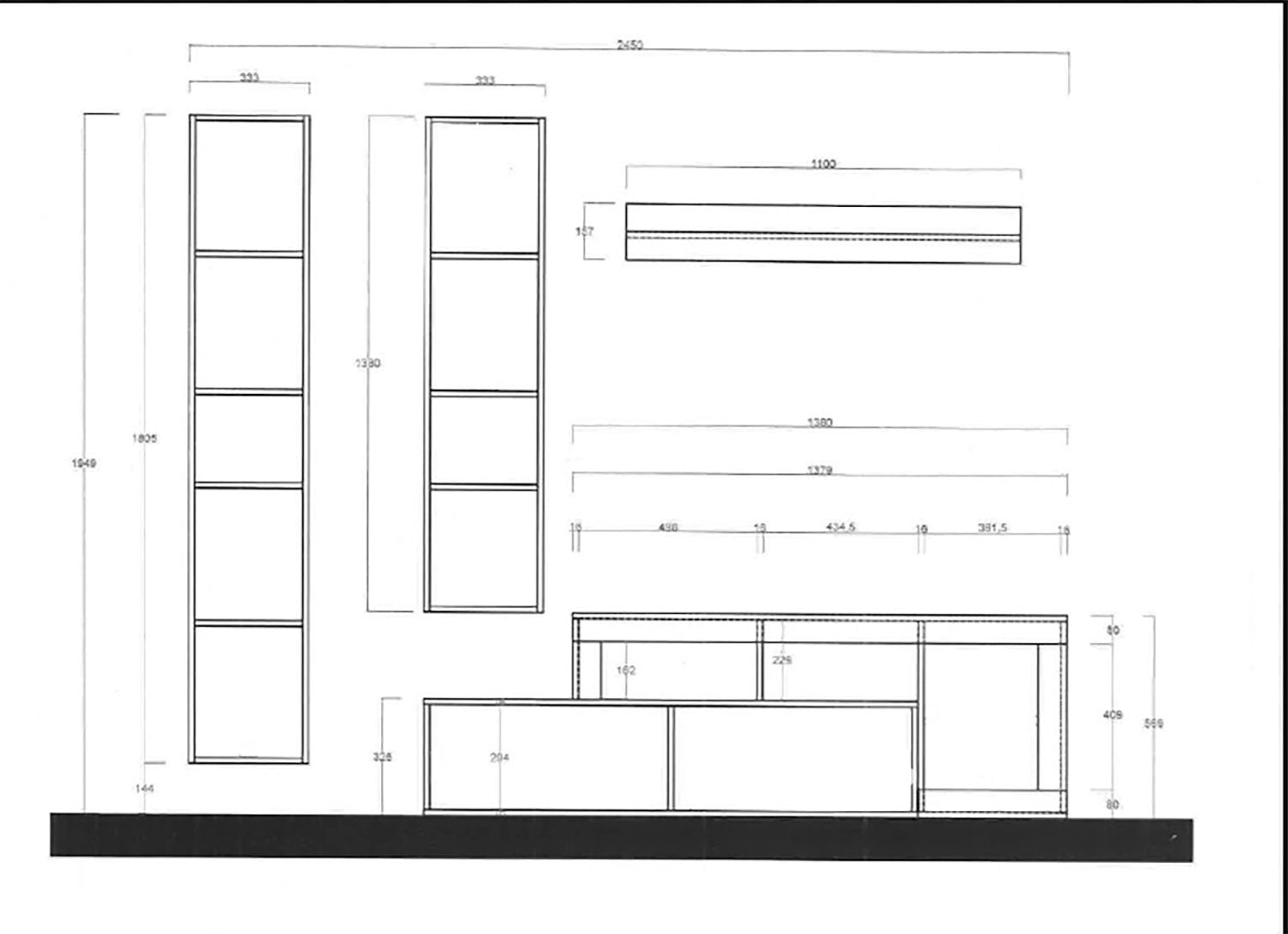 Parete Attrezzata Design Contemporaneo 245x35x195 cm Freedom Modello L 245 Beton e Piombo