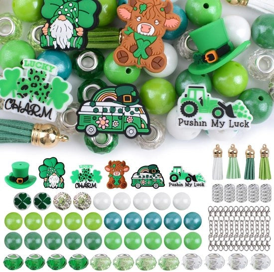 Set di perle in silicone 12 pezzi - Tema di San Patrizio - Perle irregolari/rotonde - Perle a spaziatura - Perle con imitazioni di cristalli - Facile da pulire - Set di perle