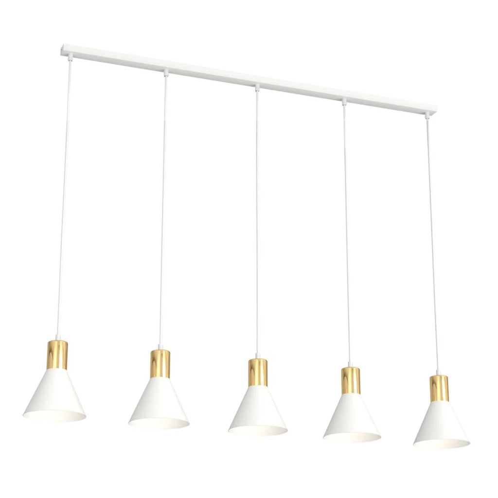 Lampadario 5 Luci Heimdall In Acciaio Bianco E Paralumi Conici Bianco E Oro