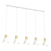 Lampadario 5 Luci Heimdall In Acciaio Bianco E Paralumi Conici Bianco E Oro