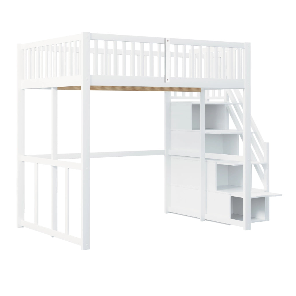 Letto a soppalco 140×200 cm con scala contenitore e barriera; senza materasso; legno; bianco