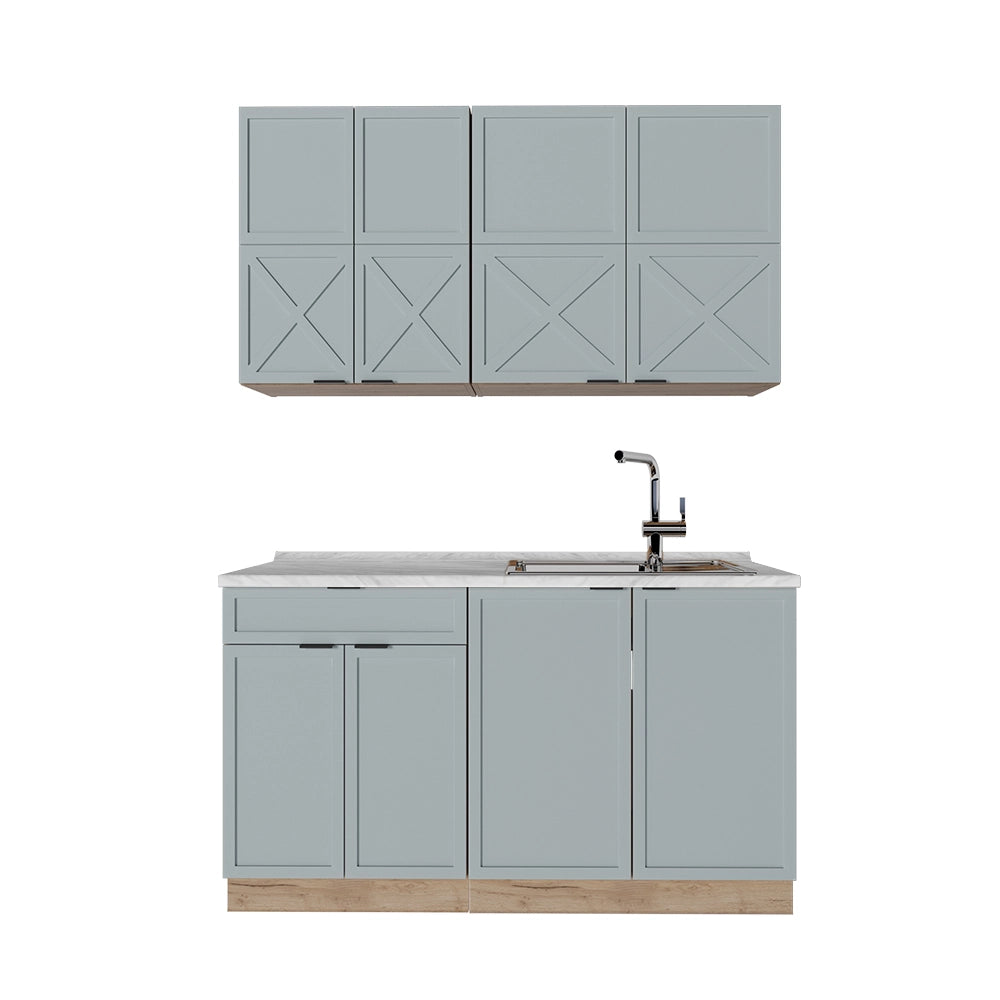Cucina completa Fame-Line Blu-grigio chiaro/Rovere dorato 140 cm, PL Marmo Vicco