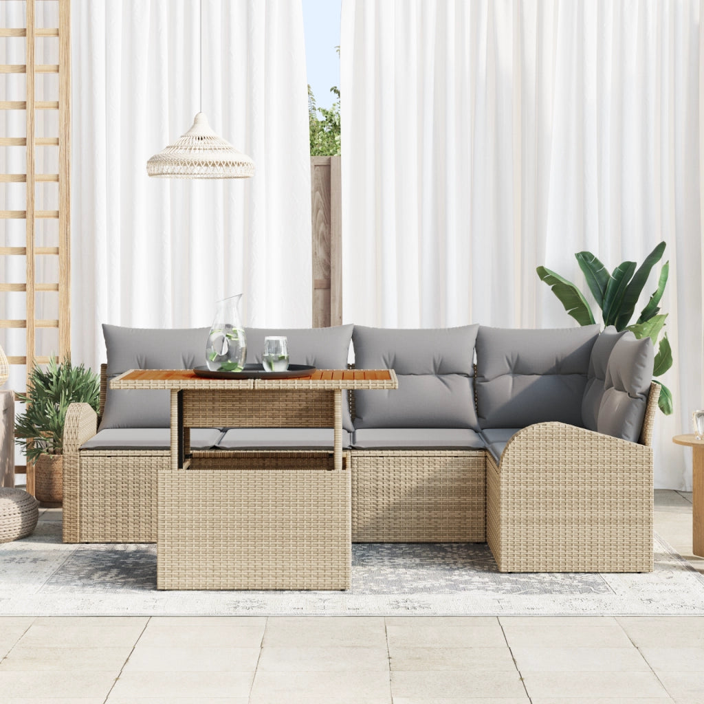 Set Divani da Giardino 6 Pezzi con Cuscini Beige Rattan Polimerico