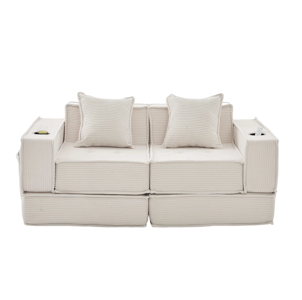 Divano 2 posti ULEVR 162x78x66 cm modulare con 2 cuscini e tasche laterali, tessuto a coste beige