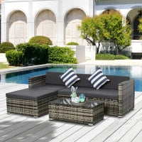 Set Mobili da Giardino da 5 Pezzi, Divanetto per Esterni con Pouf e Tavolino in Rattan PE, Grigio
