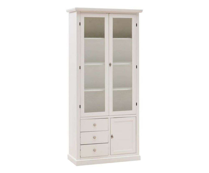 Vetrina 3 ante 3 cassetti arte povera in legno massello e mdf con rifinitura in bianco 90x41x186 H
