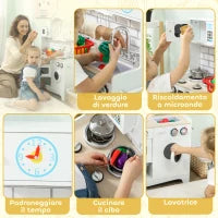 Cucina Giocattolo per Bambini 3-6 Anni in Legno con Set di Accessori, Lavandino e Manopole con Suoni, Bianco