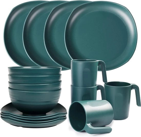 Serviesset in plastica resistente, set da 16 pezzi per campeggio leggero, set da tavola e bicchieri e tazze per 4 persone, resistente a forno a microonde e lavastoviglie