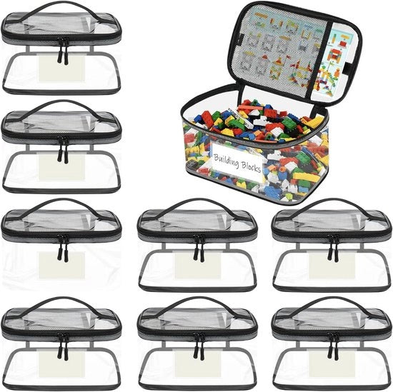 Set di contenitori per giocattoli da 8 con etichetta personalizzabile impermeabile con cerniera e borselli per Lego e giocattoli