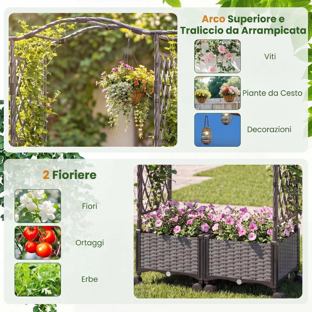 Fioriera Rialzata con Graticcio e Tetto, Irrigazione Automatica e Ruote Bloccatili, Letto da Giardino Rialzato in Rattan Impermeabile per Piante Rampicanti, Fiori ed Erbe (Grigio)