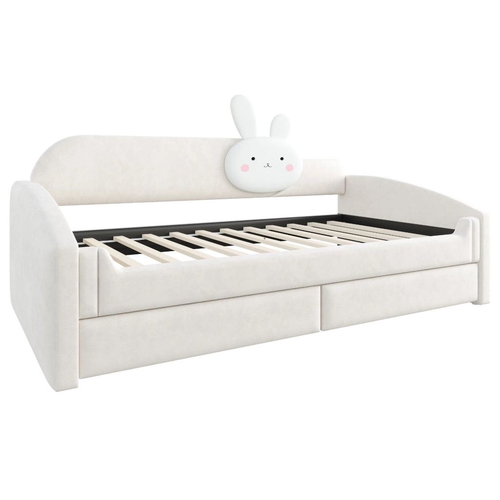 Letto a Divanetto 90x200 cm; Letto Singolo; con 2 Cassetti; LED; in Velluto; Beige