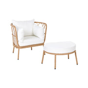 Sedia da Giardino con Poggiapiedi in Rattan PE Marrone Chiaro Struttura in Acciaio e Gambe in Metallo Cuscini Bianco Sporco Arredo da Esterno