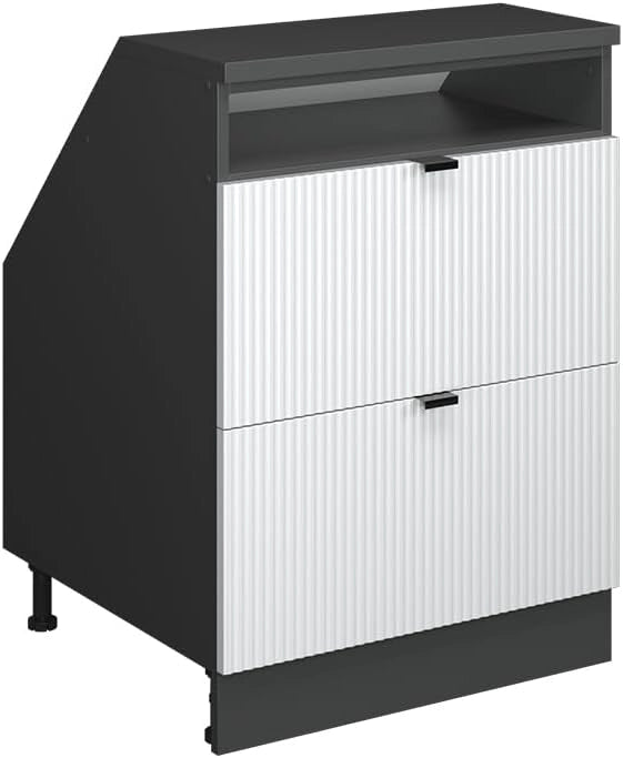 Mobile sottotetto Rion, Ondulazione bianca, 60 x 81.6 cm con 2 cassetti, carcassa 60 cm profondità, adatto per il salvaspazio sotto tetti spioventi