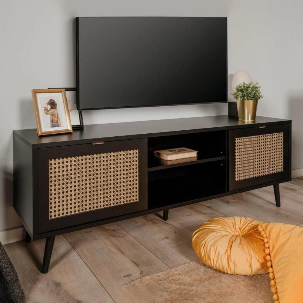 Mobile porta Tv 2 ante e vano a giorno con frontali effetto vimini Vienna56A colore nero