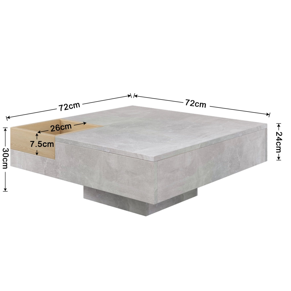 Tavolino da caffè 72x72x30 cm grigio cemento con box contenitore estraibile