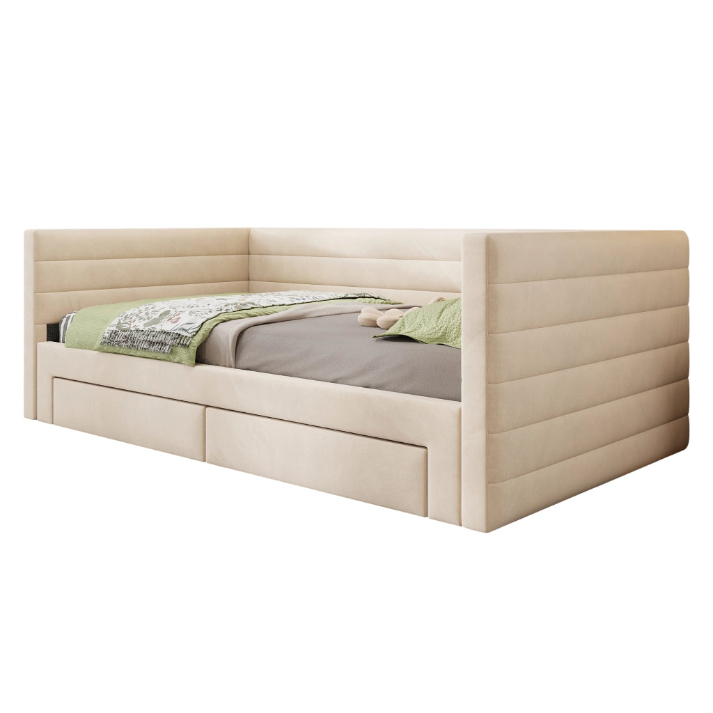 Divano letto estraibile con 2 cassetti e funzione letto in cotone e lino beige 90 × 190 cm