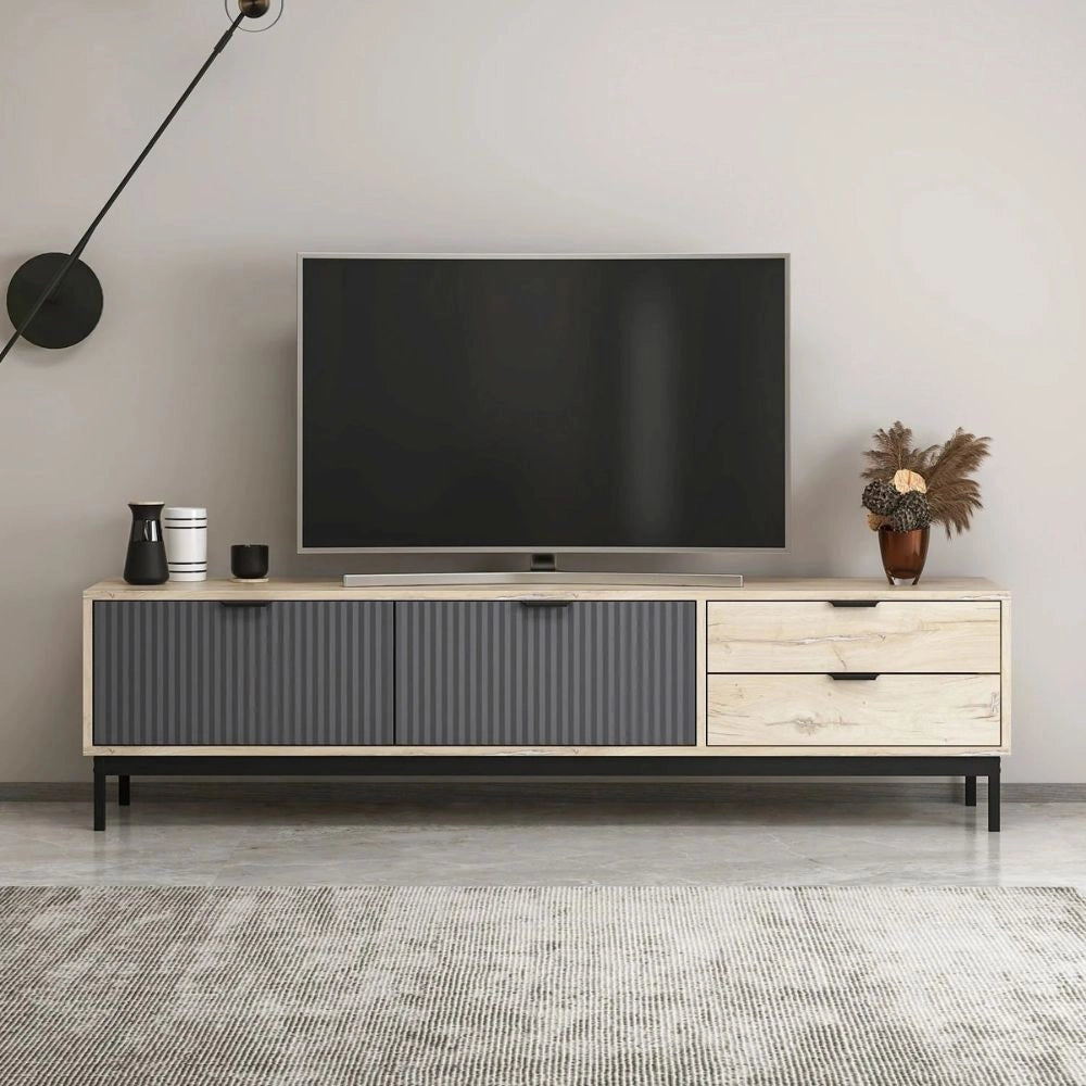 Mobile porta TV Esta rovere chiaro e antracite con effetto cannettato 180x35x47H