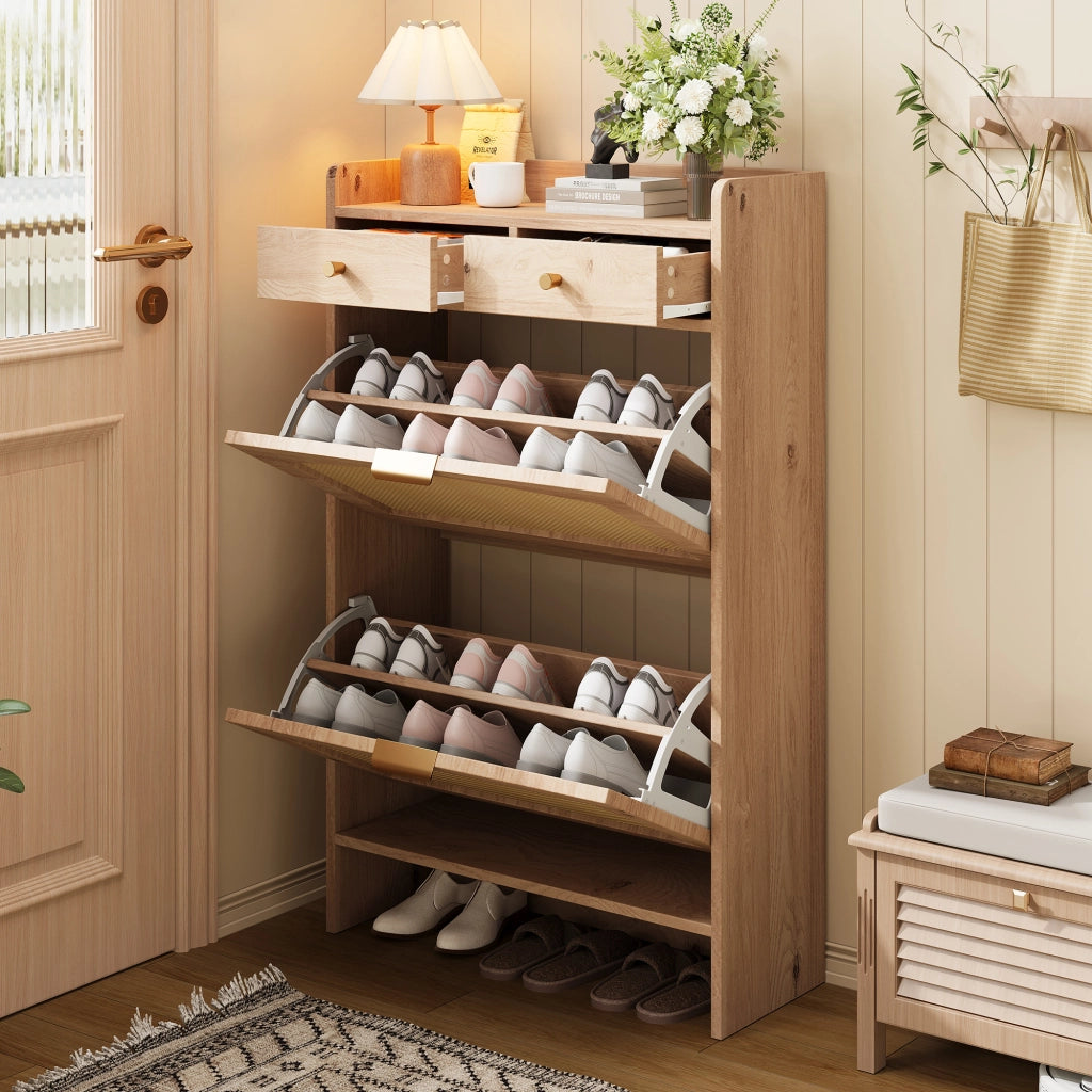 Scarpiera con 2 vani ribaltabili e 2 cassetti - per ingresso - 65x25x106 cm - naturale