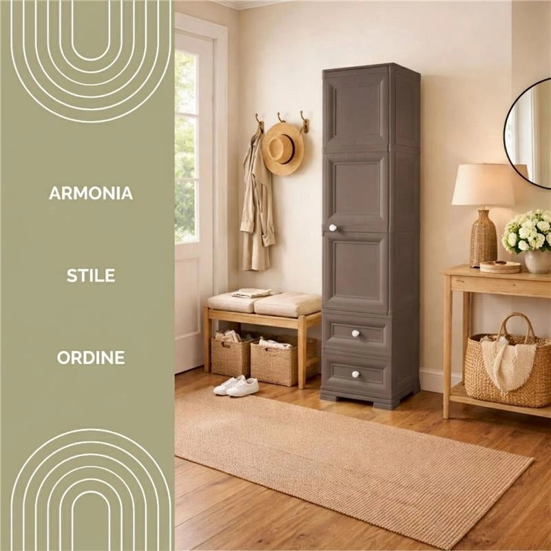 ARMADIO 1 APPENDIABITI WENGÉ 40X43X164 CM CON RIPIANO INTERMEDIO E 2 CASSETTI PICCOLI – MOBILE VERTICALE ORGANIZZAZIONE CASA PER INGRESSO E CAMERA