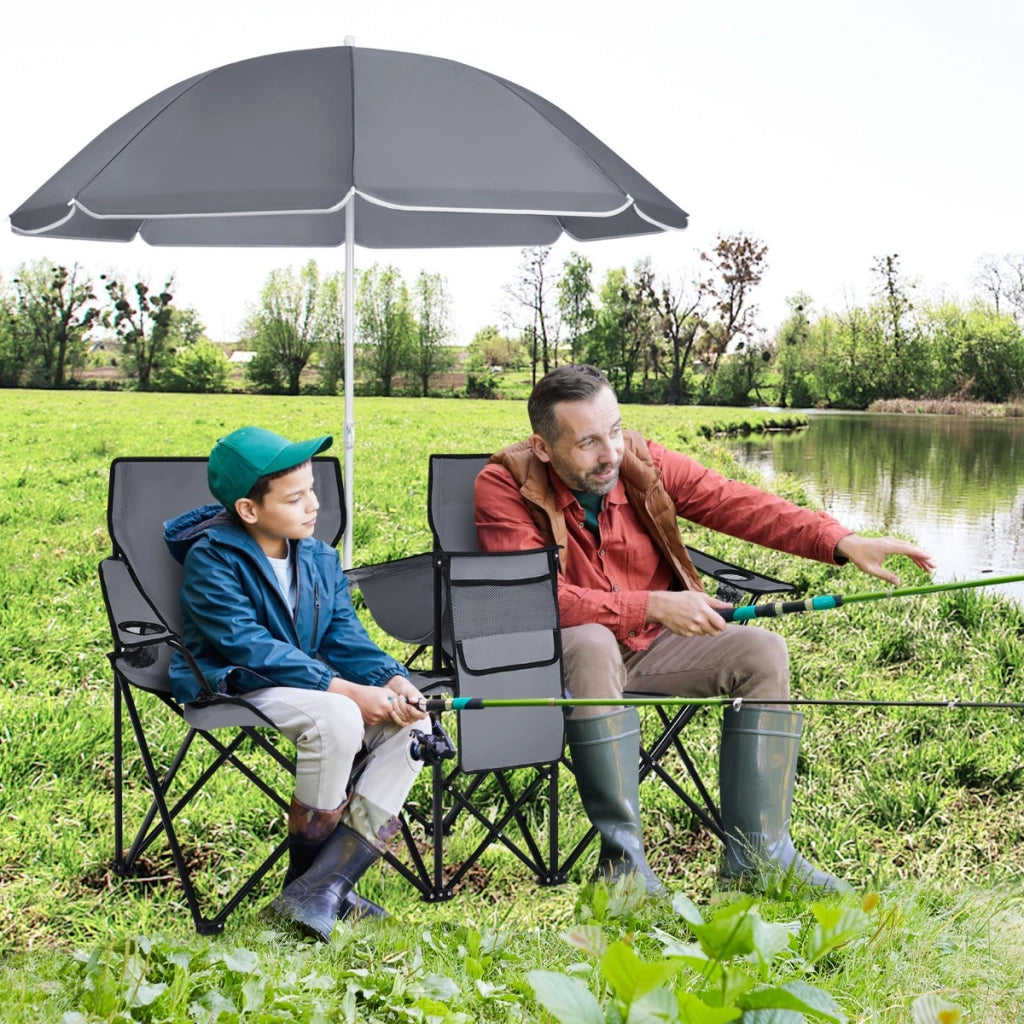 Sedia da picnic in acciaio portatile e pieghevole, Sedia da picnic con ombrellone mini tavolo porta bevande Grigio-Tavoli e sedie da campeggio