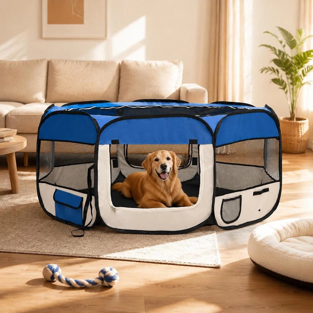 Foldable Puppy Playpen With Carrying Bag, Blue, 145x145x61 Cm